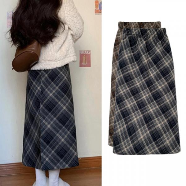 여성 가을 겨울 체크 밴딩 롱 스커트 DHH-K01