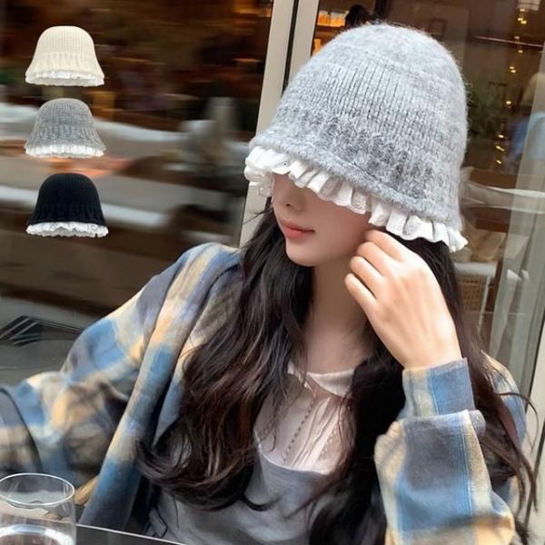로맨틱 레이스 포인트 겨울 니트 벙거지 모자