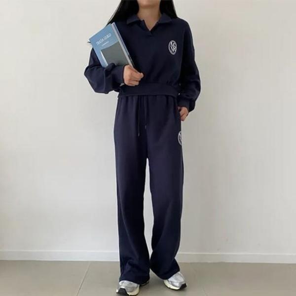 여성 카라 베이직 크롭 트레이닝 세트 여자 티 운동복 오버사이즈