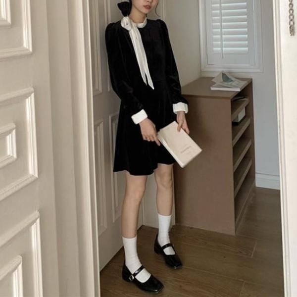 페미닌 리본 배색 정장 베이직 원피스 여성 미니 여자 패션 캐주얼룩