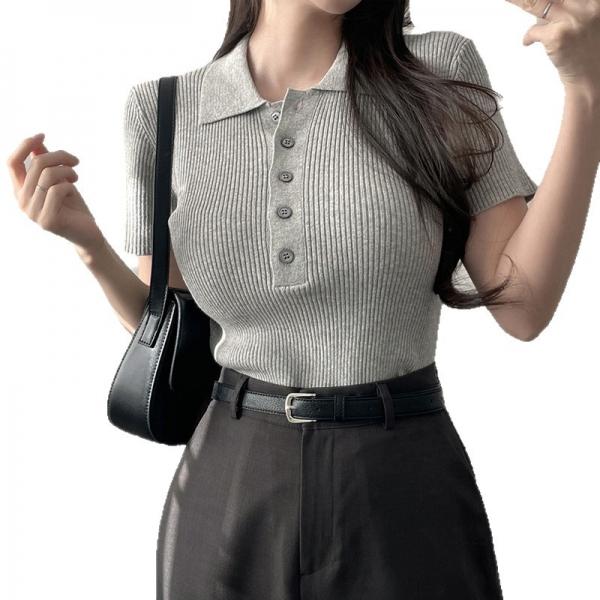 여성 베이직 카라 버튼 반팔 니트 SSH-057