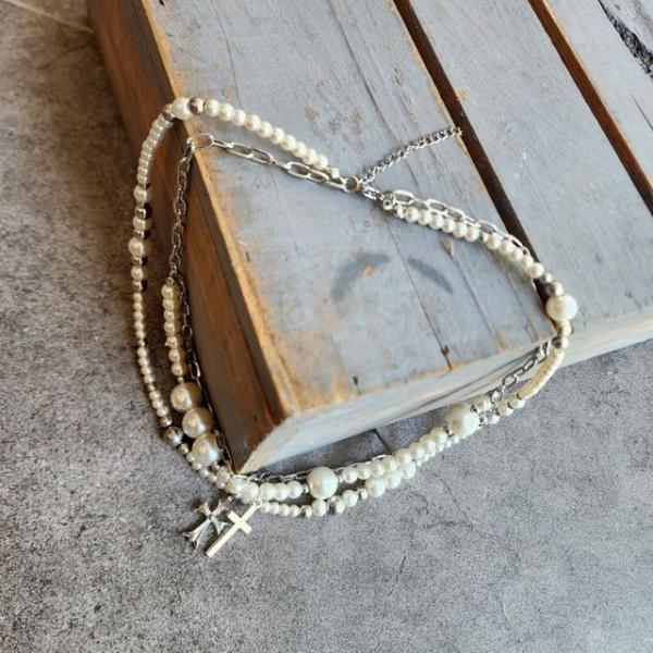 빈티지 진주 레이어드 십자가 체인 목걸이