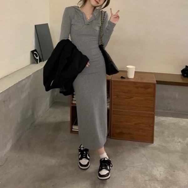 캐주얼 브이넥 가슴 포켓 트임 후드 원피스