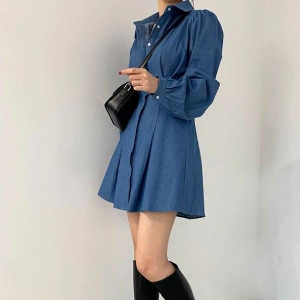 카라 단추 포인트 퍼프 미니 드레스