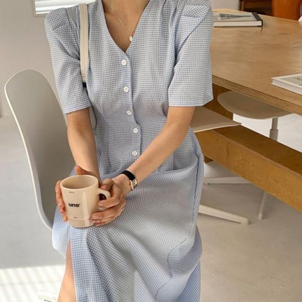 빈티지 체크 패턴 프렌치 셔츠 원피스