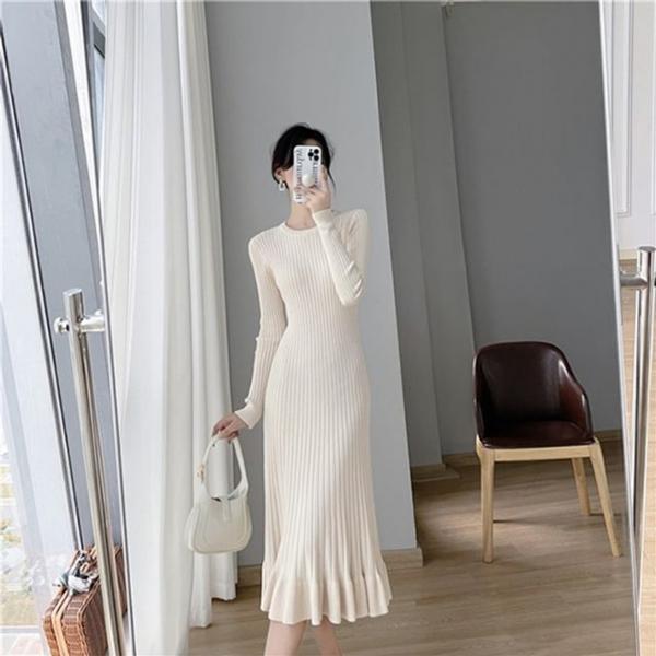 니트 골지 레이스 포인트 여성 롱 드레스