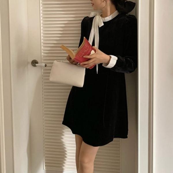 벨벳 리본 스트랩 포인트 정장 원피스