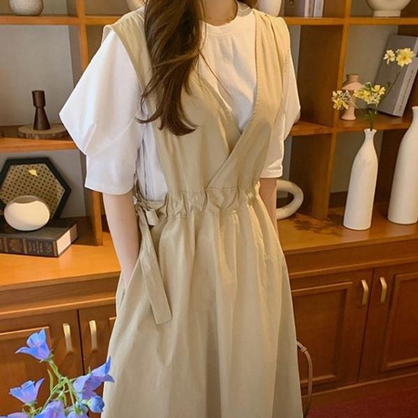 페미닌 심플 V넥 리본 레이어드 원피스