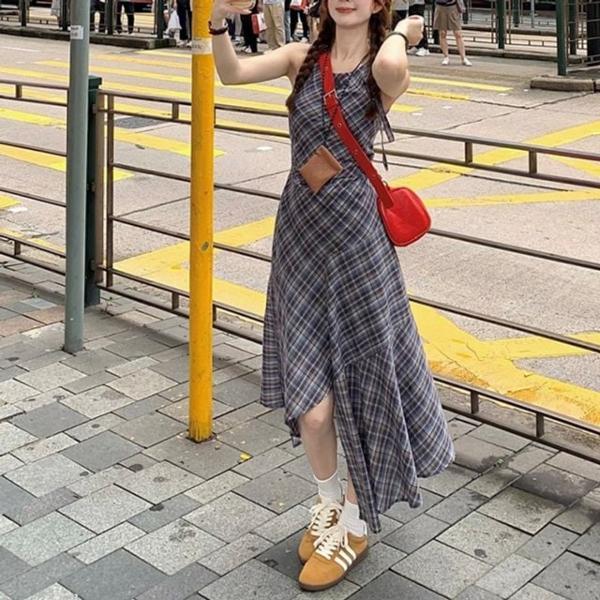 체크 패턴 언발 나시 롱 드레스