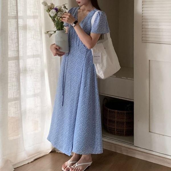 V넥 랩 디자인 플라워 여성 원피스