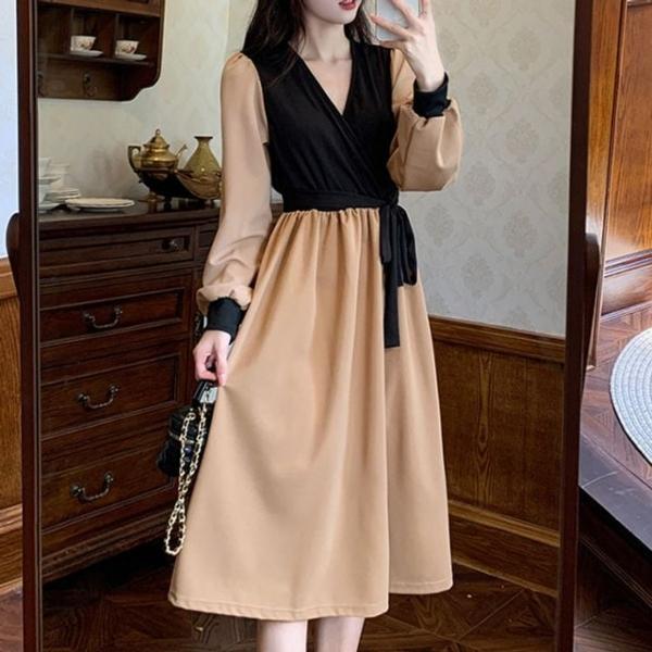 여성 배색 포인트 투톤 원피스