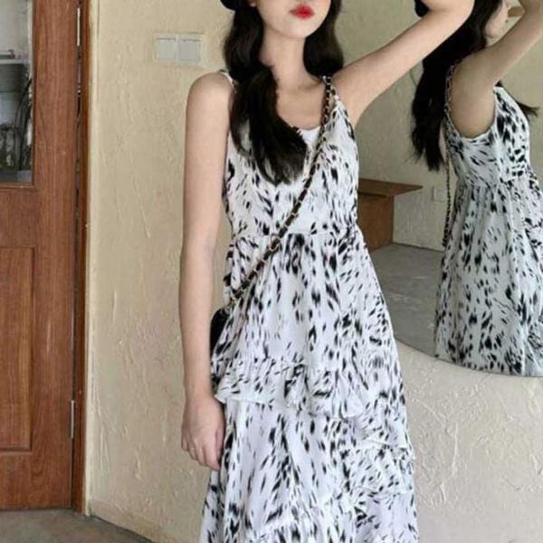 플레어 러플 디자인 로맨틱 서스펜더 드레스