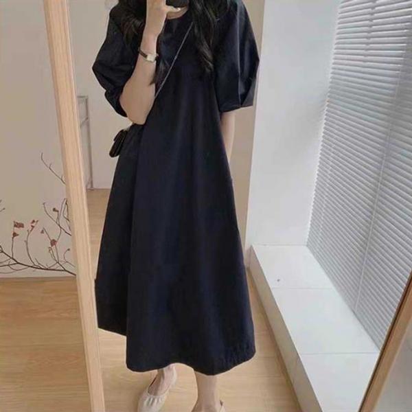 심플 단색 루즈핏 캐주얼 퍼프 원피스