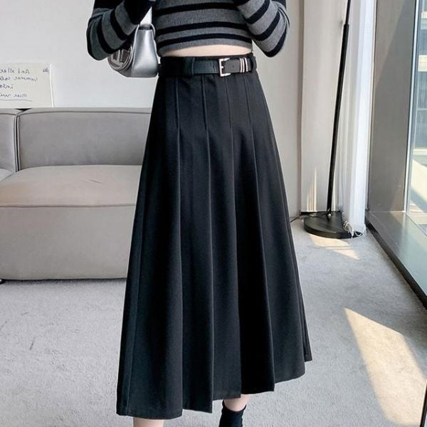 하이웨스트 벨트플 A라인 롱스커트 데일리핏