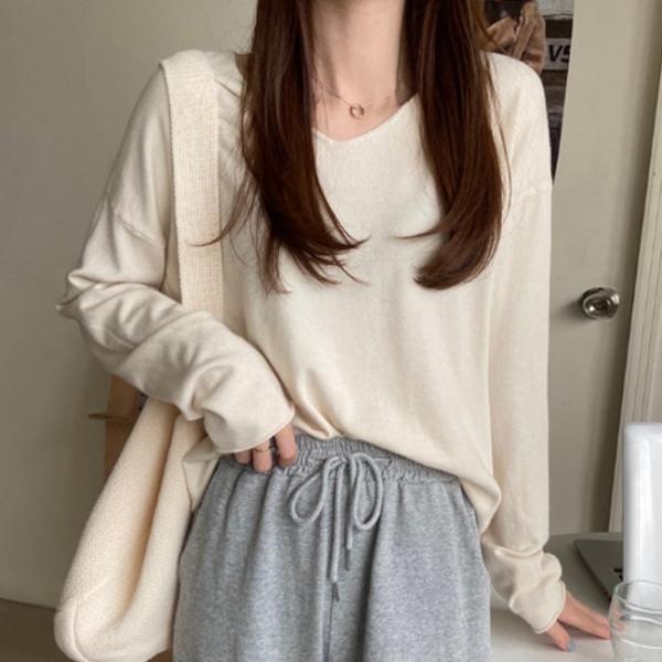 여성 4컬러 소프트 베이직 브이넥 긴팔 니트 DHH-L30