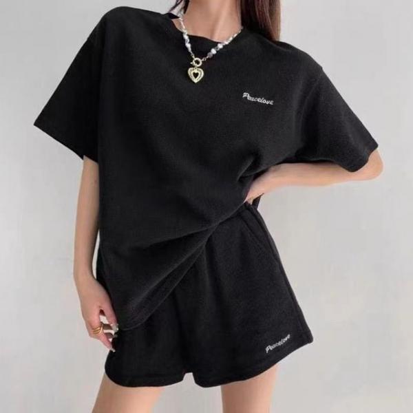 여성 와플 레터링 홈웨어 투피스