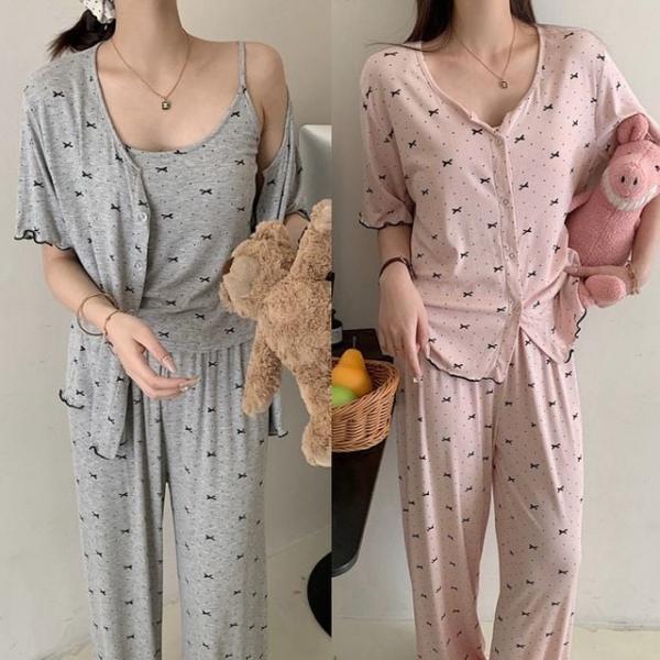 리본 포인트 캡내장 홈웨어 3피스 잠옷세트