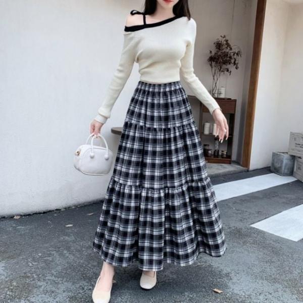 A라인 체크 밴딩 롱스커트 SNY-0044