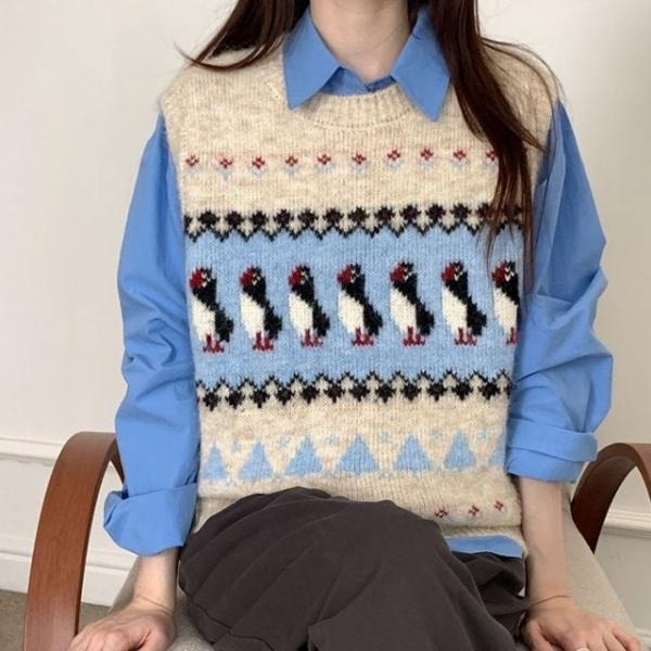 울혼방 펭귄 패턴 니트 베스트 UJS-043