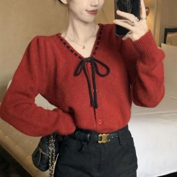 배색 리본 퍼프 니트 가디건 UJS-040