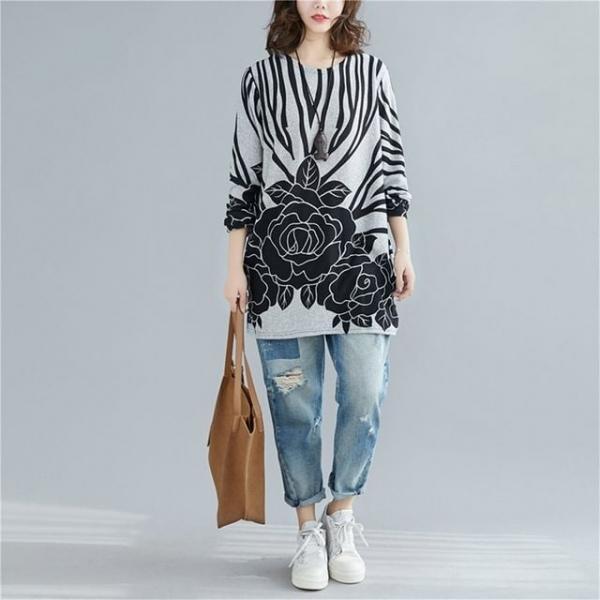 F79013 루즈핏 빅 로즈 플라워 롱 환펀 니트 티