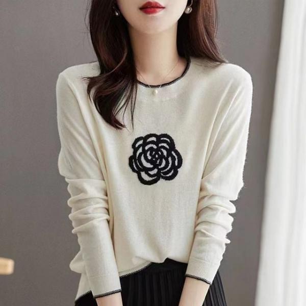 F0023 장미 간절기 환펀니트티 라운드 긴팔티