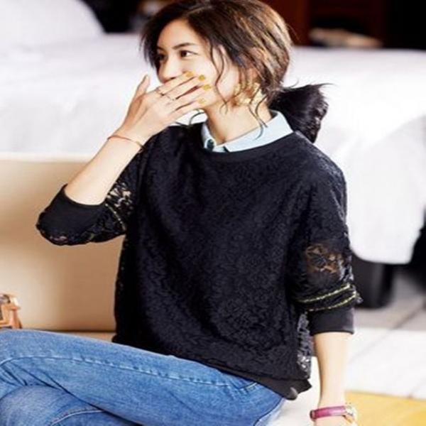 F7763 우아한 레이스 라운드 긴팔티 레이스티