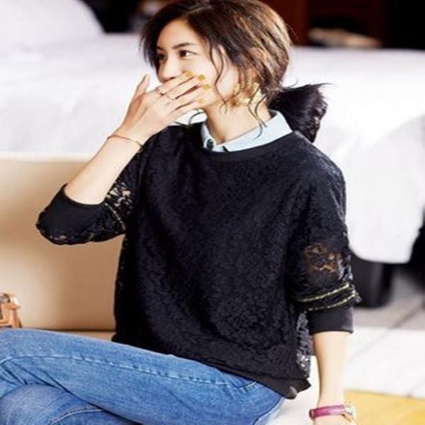 F7763 우아한 레이스 라운드 긴팔티 레이스티