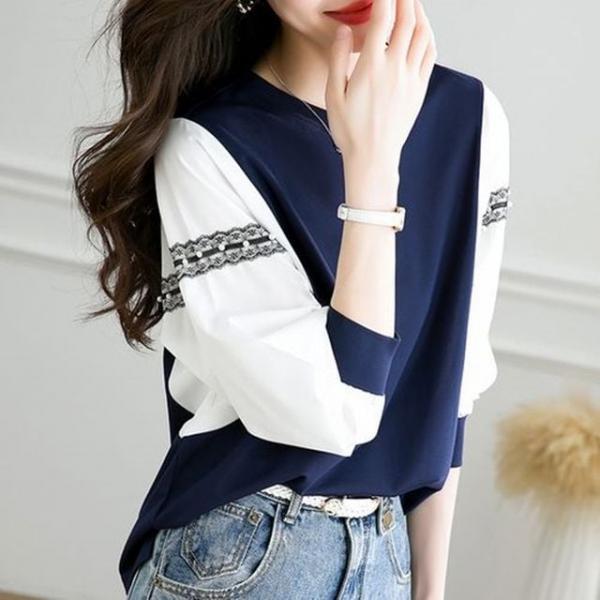 LF89300 레이스 소매 배색 데일리 라운드 긴팔 티