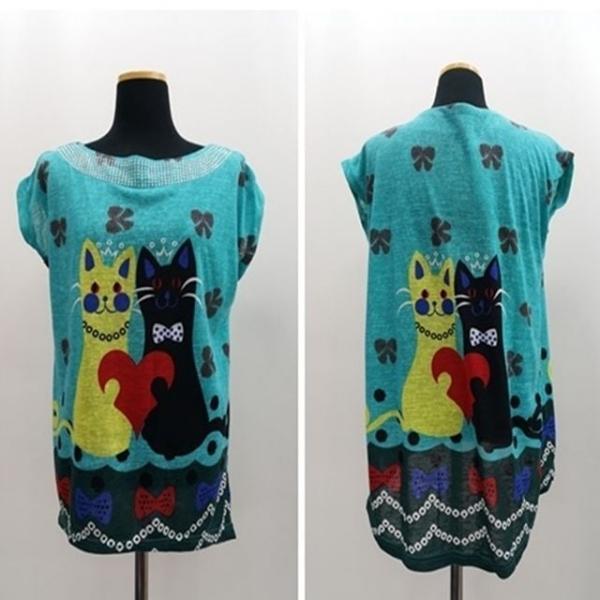 S1010 넥 큐빅 고양이 언밸런스 라운드 나시 반팔티