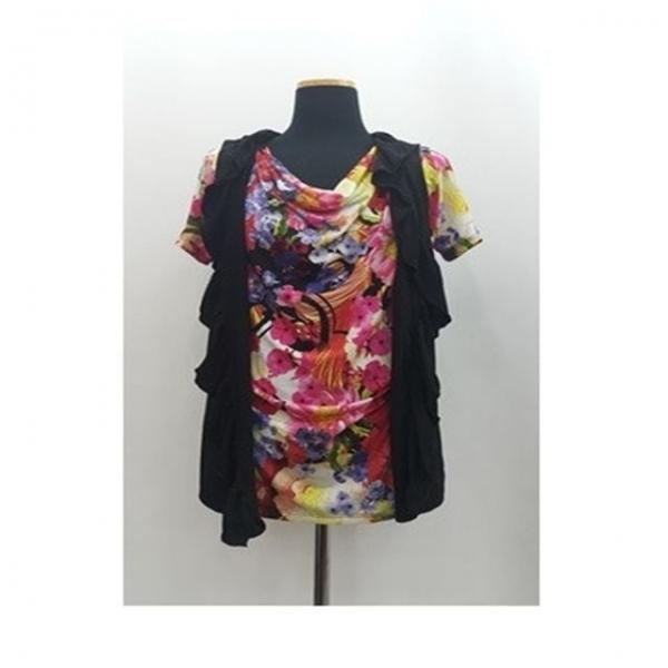 S1044 앞 주룸 페이크 조끼 플라워 라운드 반팔 티