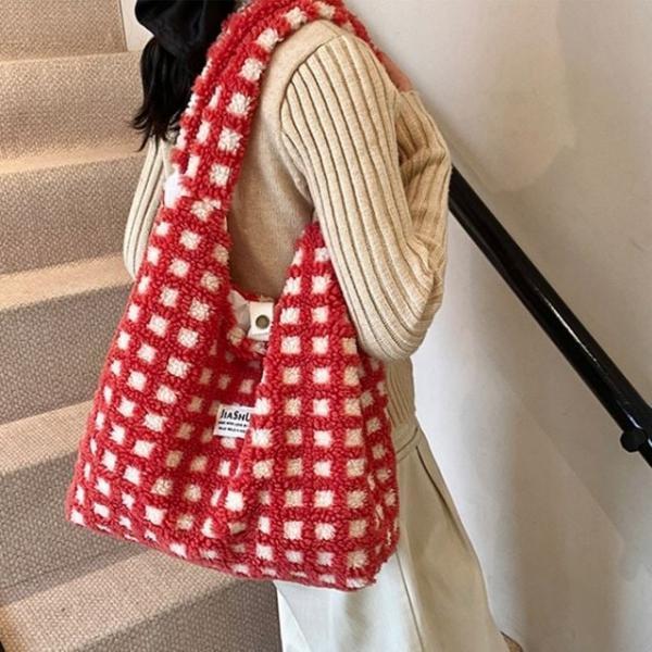 솜사탕 체크 퍼 숄더백 털 가방 여성 보부상 여자 에