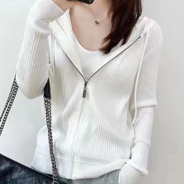 여성 골덴 코듀로이 니트 후드 집업 화이트