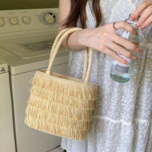 프린지 레이어 텍스처 썸머 라탄 토트백 5FW