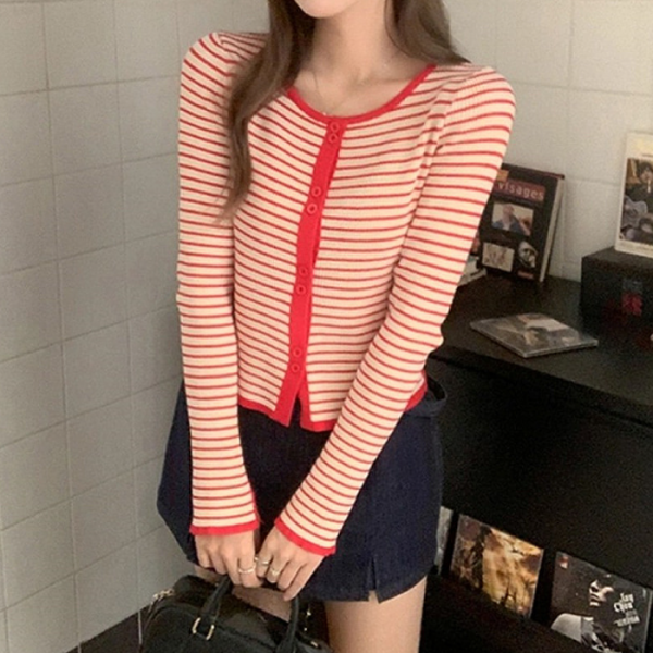 롤업 가디건 여성 아우터 러블리한 스트라이프 포인트