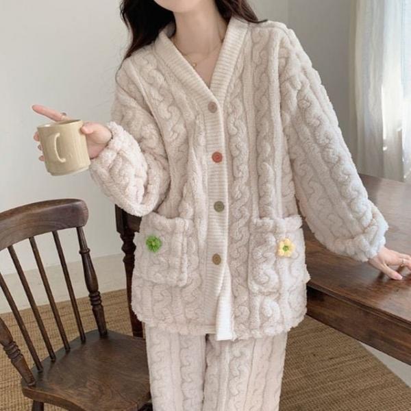 여성 컬러 버튼 포켓 꽈배기 수면 잠옷 1P 홈웨어