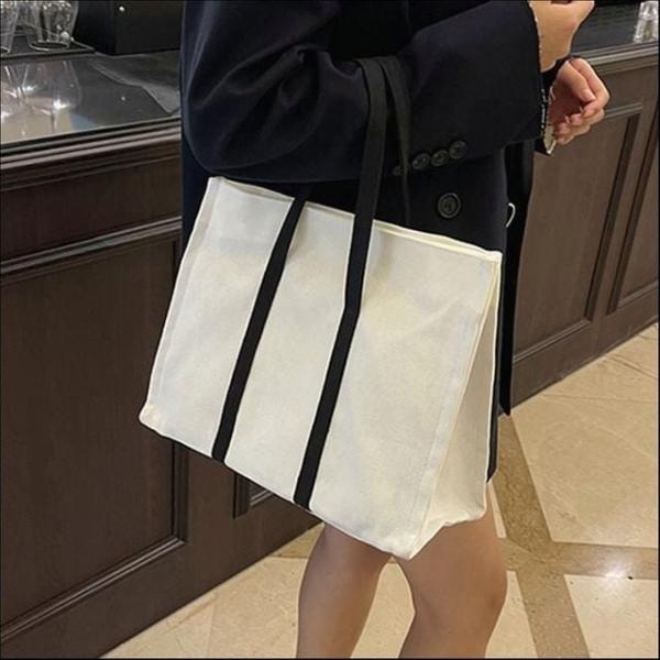 여성 배색끈 캔버스 토트백 에코백 수납력 좋은 가방 2색