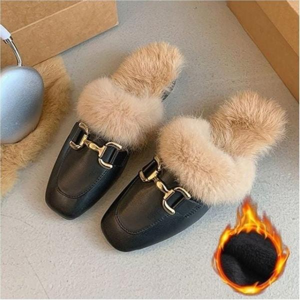 여성 겨울 정장 퍼 블로퍼 버클 뮬 털슬리퍼 플랫 2색