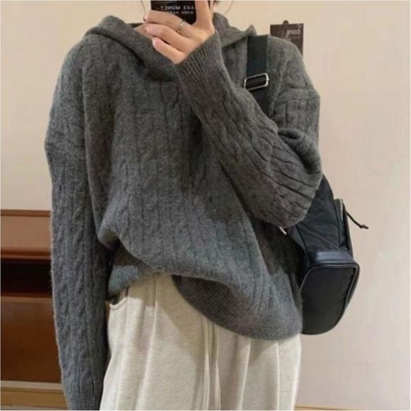 여성 데일리 꽈배기 후드니트 루즈핏 겨울 스웨터 3색