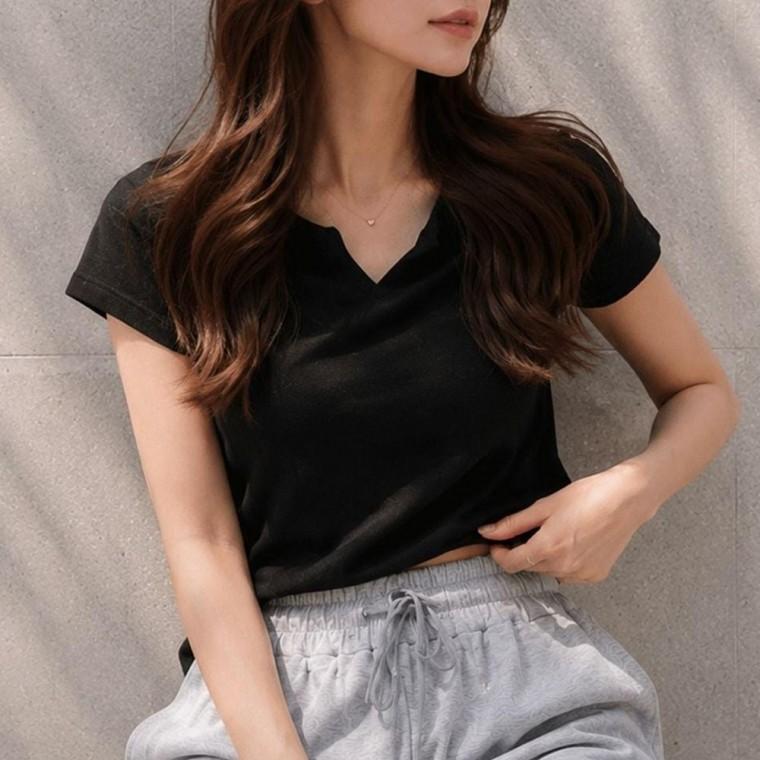 2컬러 넥 산뜻한 트임 포인트룩 간결한 베이직 여름 반팔티셔츠