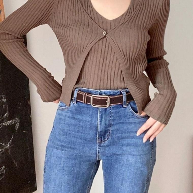 브라운컬러 부드러운 간결한 미니멀 스티치 데일리 벨트 허리띠