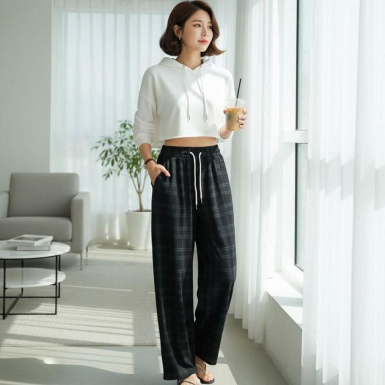 남성 여성 트렌디한 세련된 체크패턴 실내복 넓은 롱팬츠
