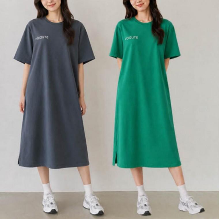 2컬러 감각적인 마트룩 레터링 여름 반팔 롱원피스