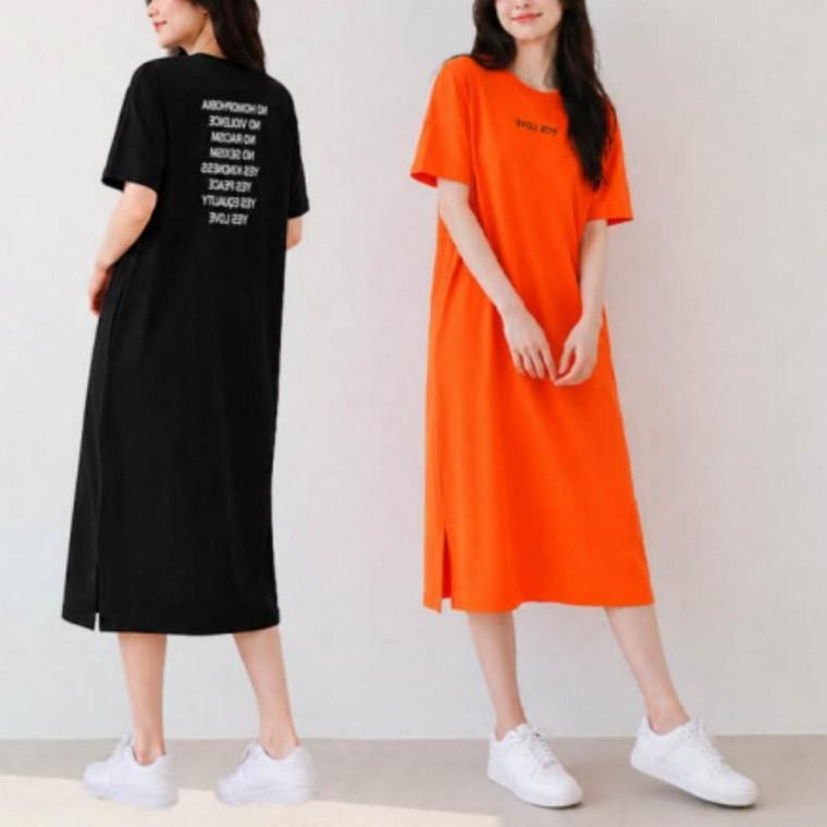 2컬러 여유로운 여름 레터링 오버핏 마트룩 반팔 롱원피스