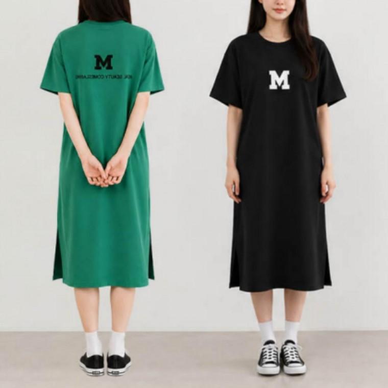 2컬러 깔끔한 영문 로고 포인트 여름 반팔 롱원피스