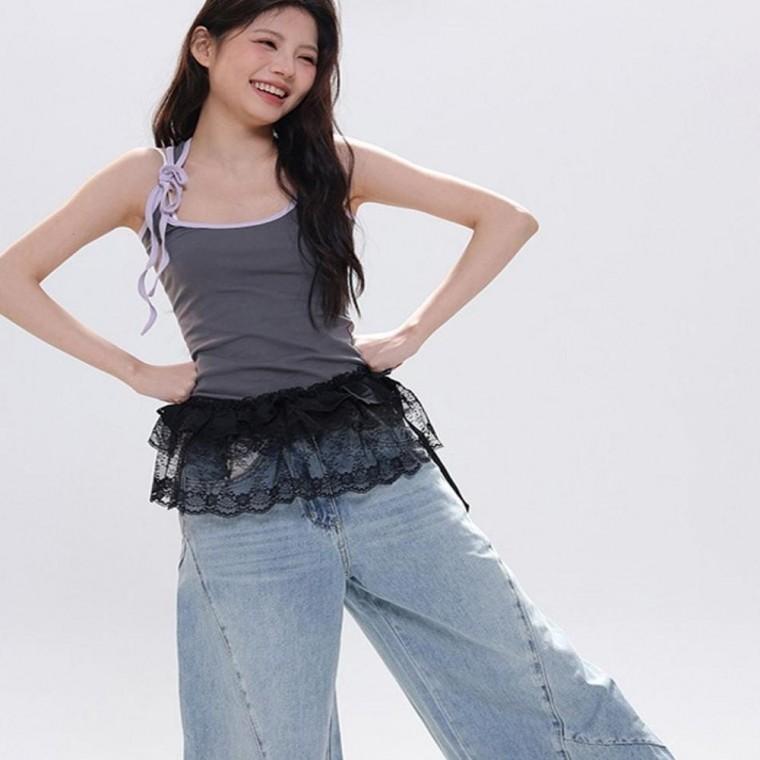 여성 여리한 2컬러 로맨틱무드 프릴 레이스 페이크 랩스커트