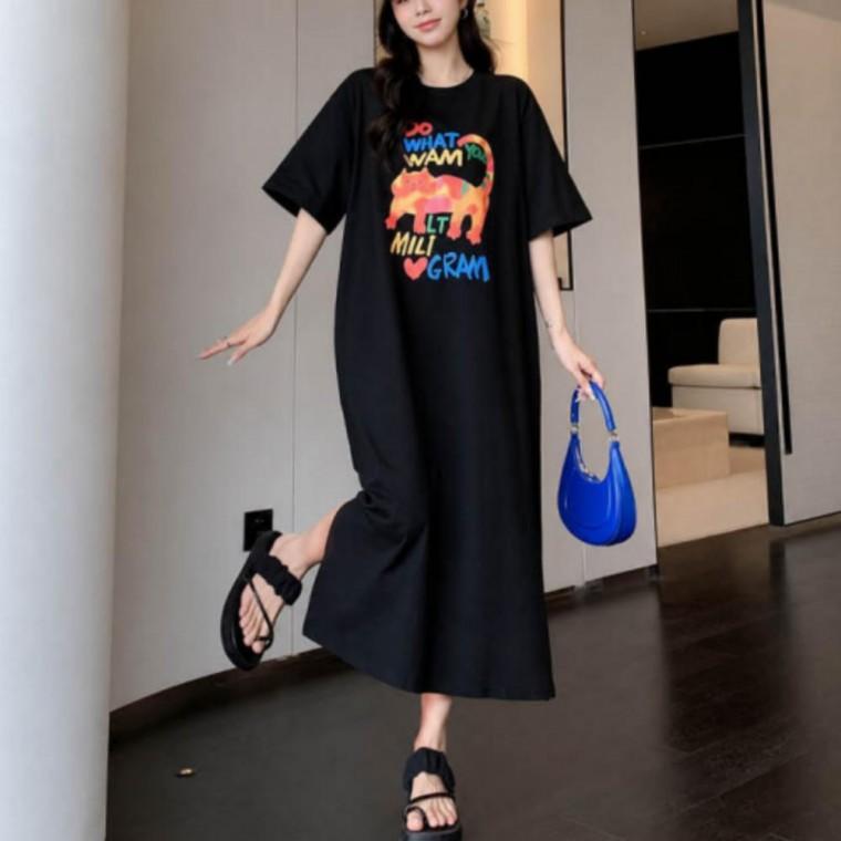여름 산뜻한 데일리 반팔 롱원피스 프린팅 오버핏