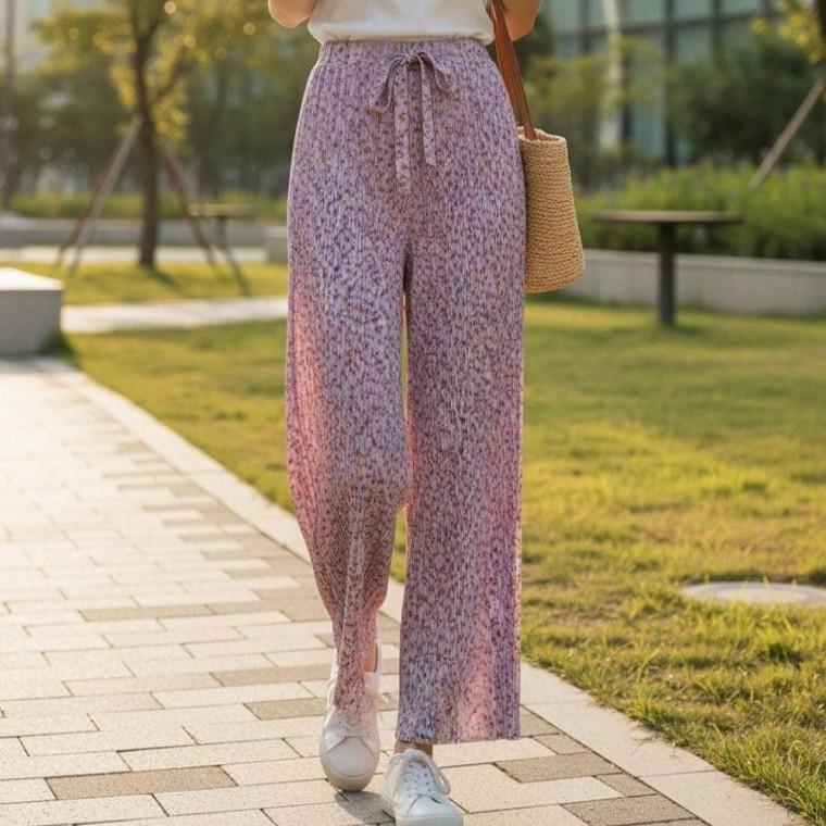 여성 적인 8컬러 여름 잔꽃 차르르 얇은 아이스 주름바지