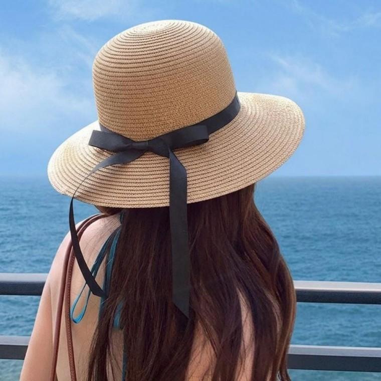 여성 2컬러 단정한 여름 버킷햇 바캉스룩 리본 밀짚 벙거지