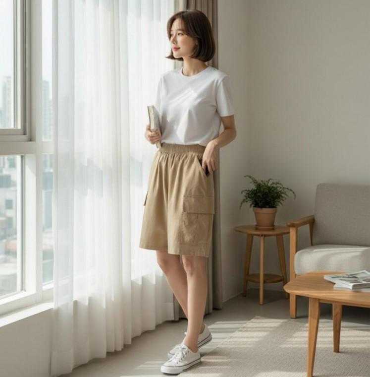 여성 6컬러 편안한 여름 허리밴딩 벌룬핏 카고 버뮤다팬츠